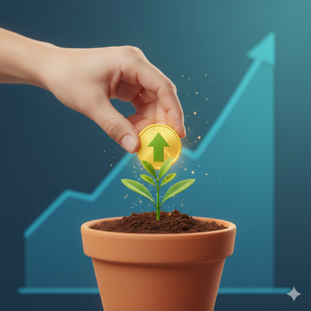 Una mano plantando una moneda que crece como una planta, simbolizando el retorno de inversión de una página web profesional para PyMEs."